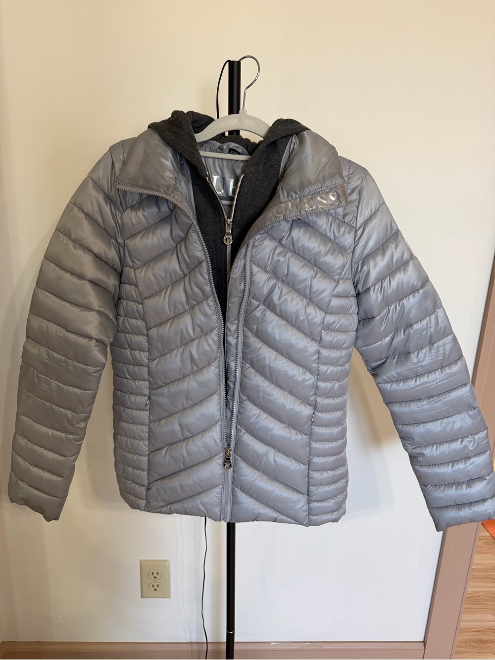 Guess Metallic Silver Quilted Hooded Puffer Jacket